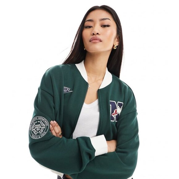 NEW! Nike Varsity Patchwork Bomber Jacket Track & Field Green SZ M - Picture 2 of 15